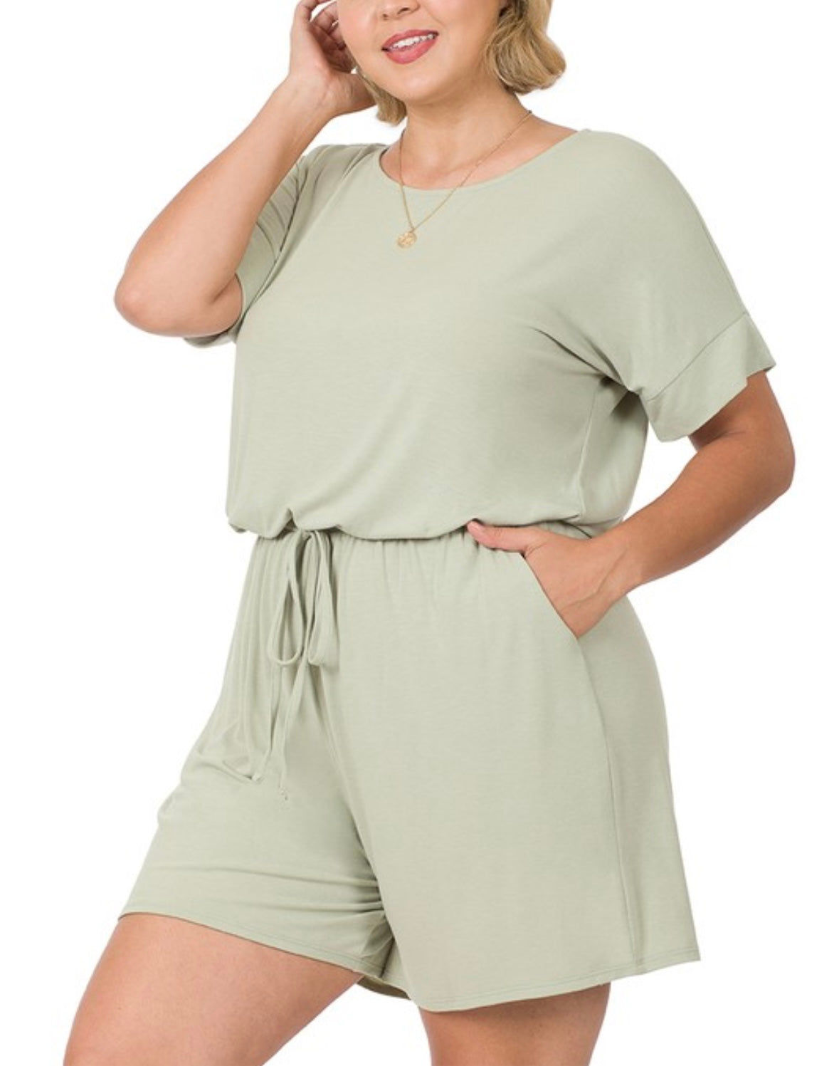 Plus Size Lt. Sage Romper w/Elastic Waist