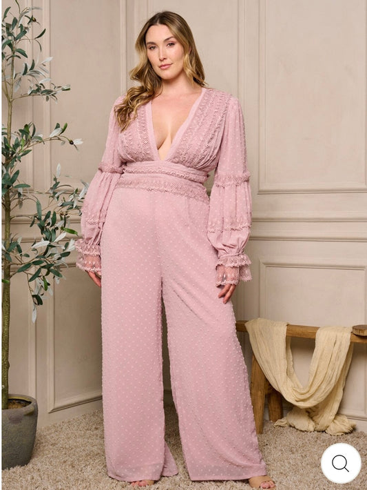 Plus Size Long Sleeve V-Neck Open Back Swiss Dot Wide Leg Jumpsuit