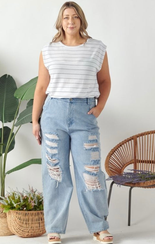 Plus SizeDistressed Wide Leg Denim